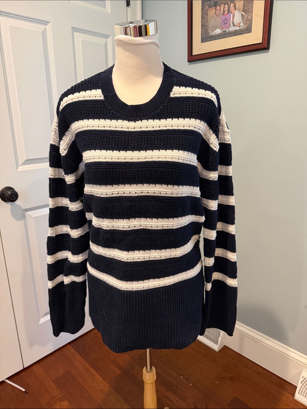 GAP Navy and White Striped Crewneck Sweater